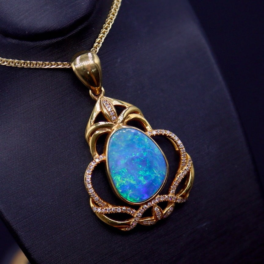 14k Gold 2.88 Ct Natural Opal & Diamond Pendant( Without Chain ) - 2