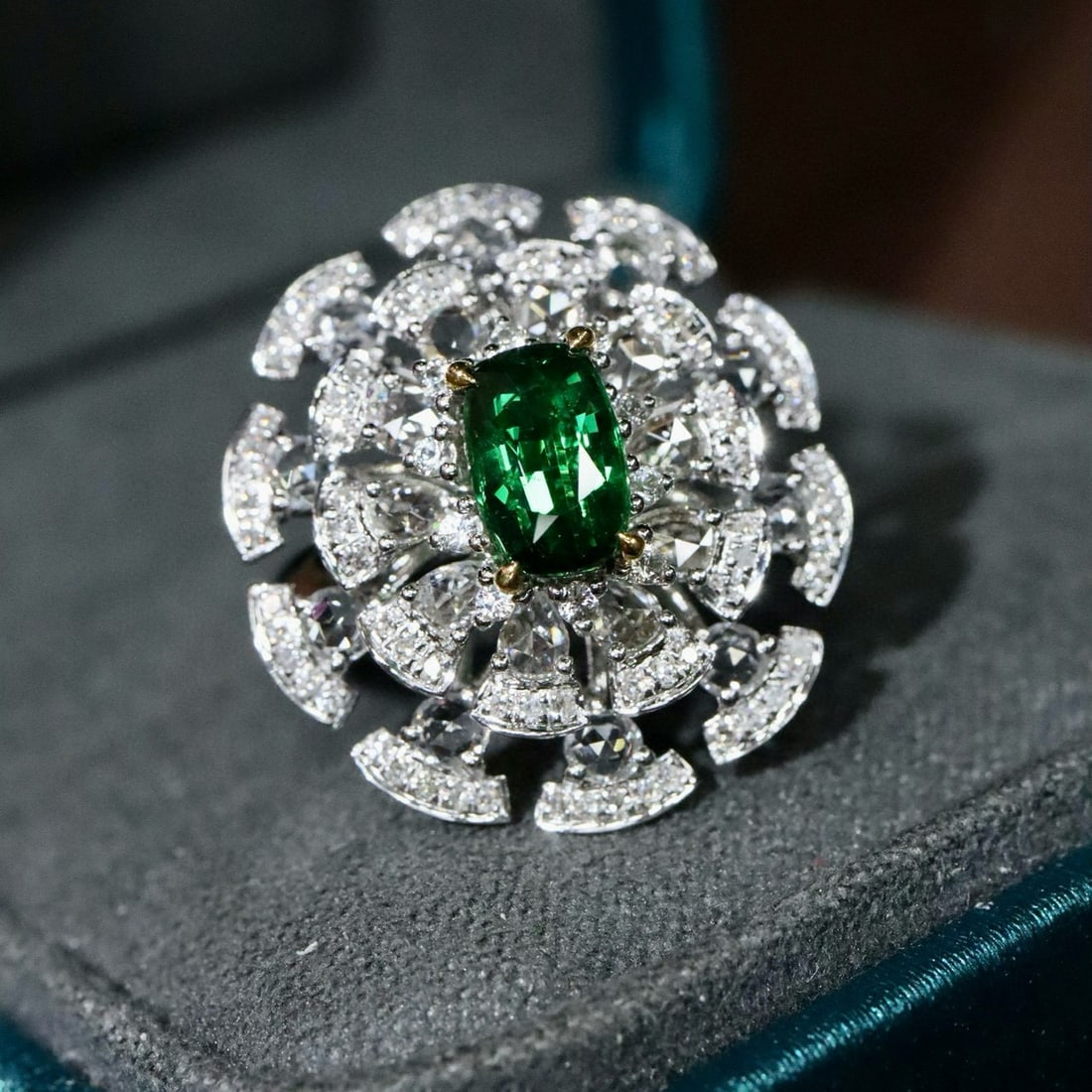 14k Gold 2.12 Ctw Vivid Green Natural Tsavorite & Diamond Ring: Ref:231040126 // gold content:14k gold // ring size:7. 25us // // main gemstone:tsavorite // shape:cushion // carat weight:1. 33ct // color:vivid green // treatment:natural // // adjacent gemstone 2
