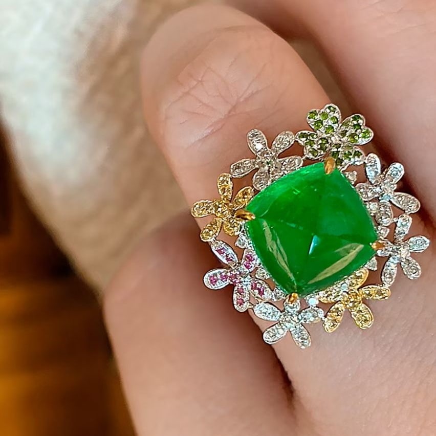 14k Gold 6.3 Ct Vivid Green Natural Emerald & Diamond & Sapphire & Tsavorite Ring - 6