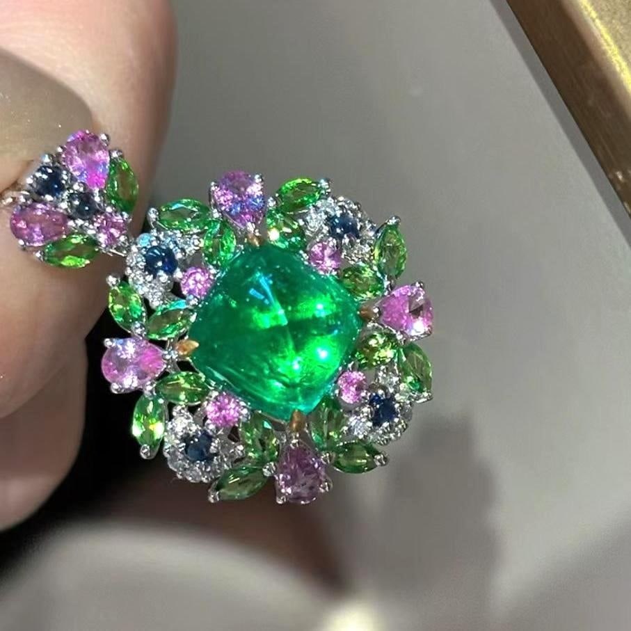 14k Gold 2.5 Ct Vivid Green Natural Emerald & Diamond & Sapphire & Tsavorite Pendant( Without Chain - 2