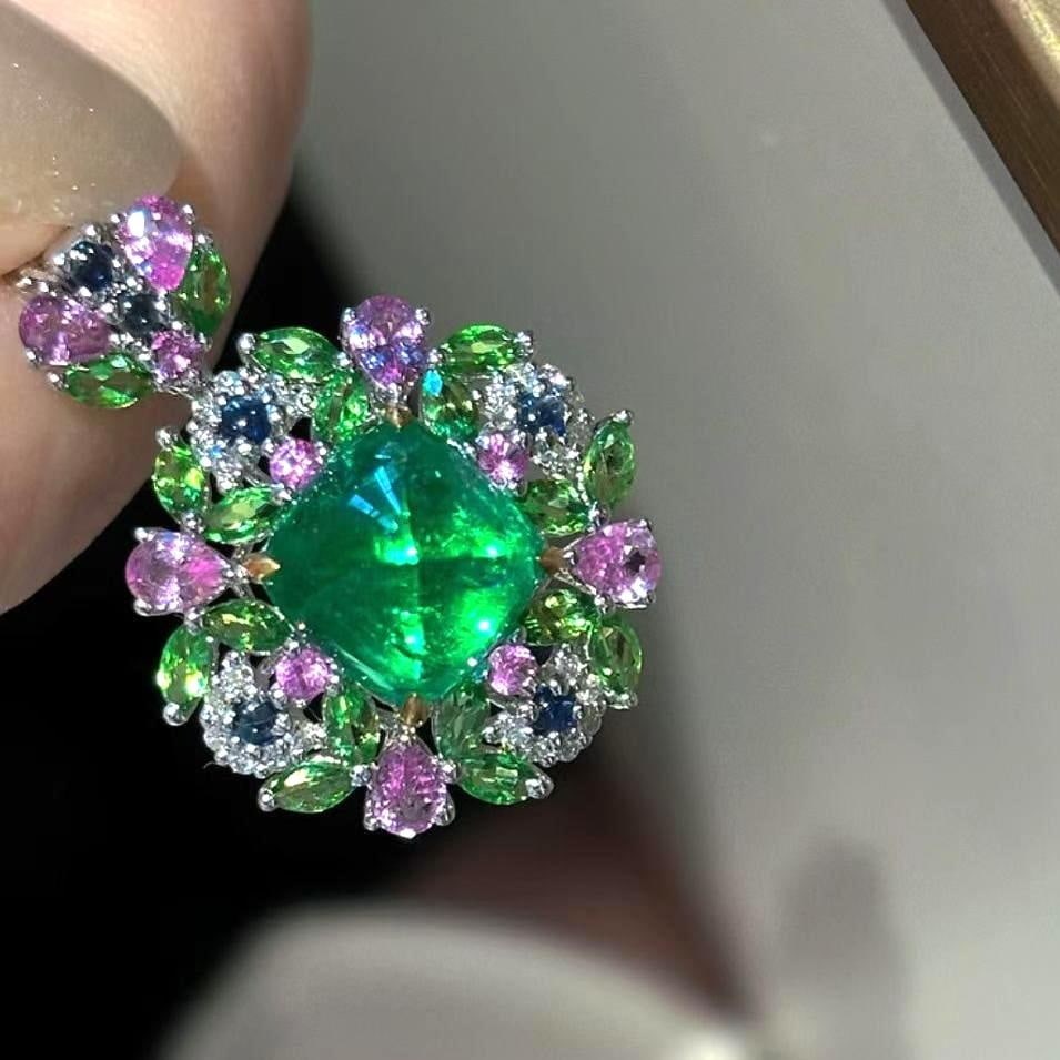 14k Gold 2.5 Ct Vivid Green Natural Emerald & Diamond & Sapphire & Tsavorite Pendant( Without Chain - 3