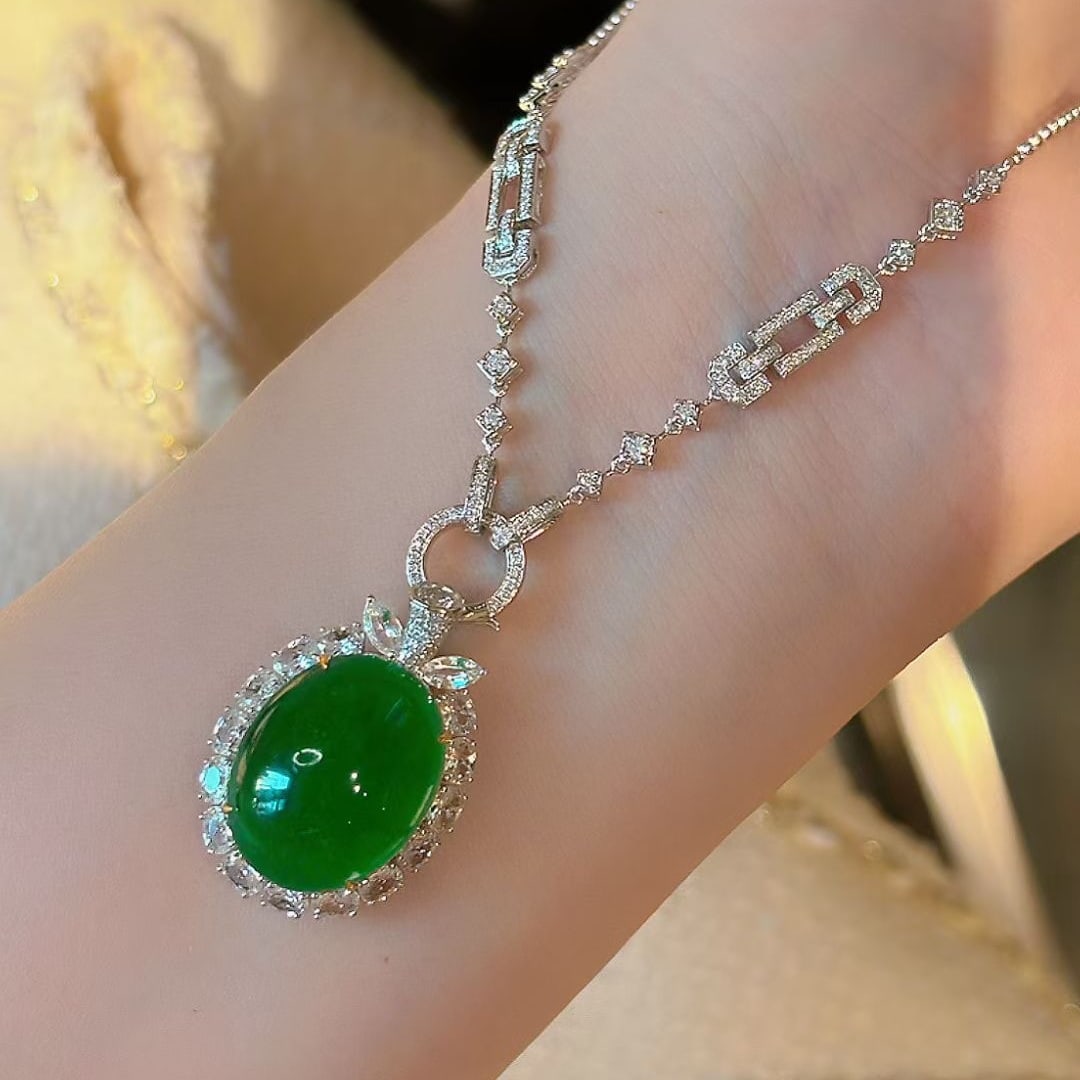 14k Gold 15.7 Ct Vivid Green Natural Emerald & Sapphire & Diamond Pendant( Without Chain ) - 2