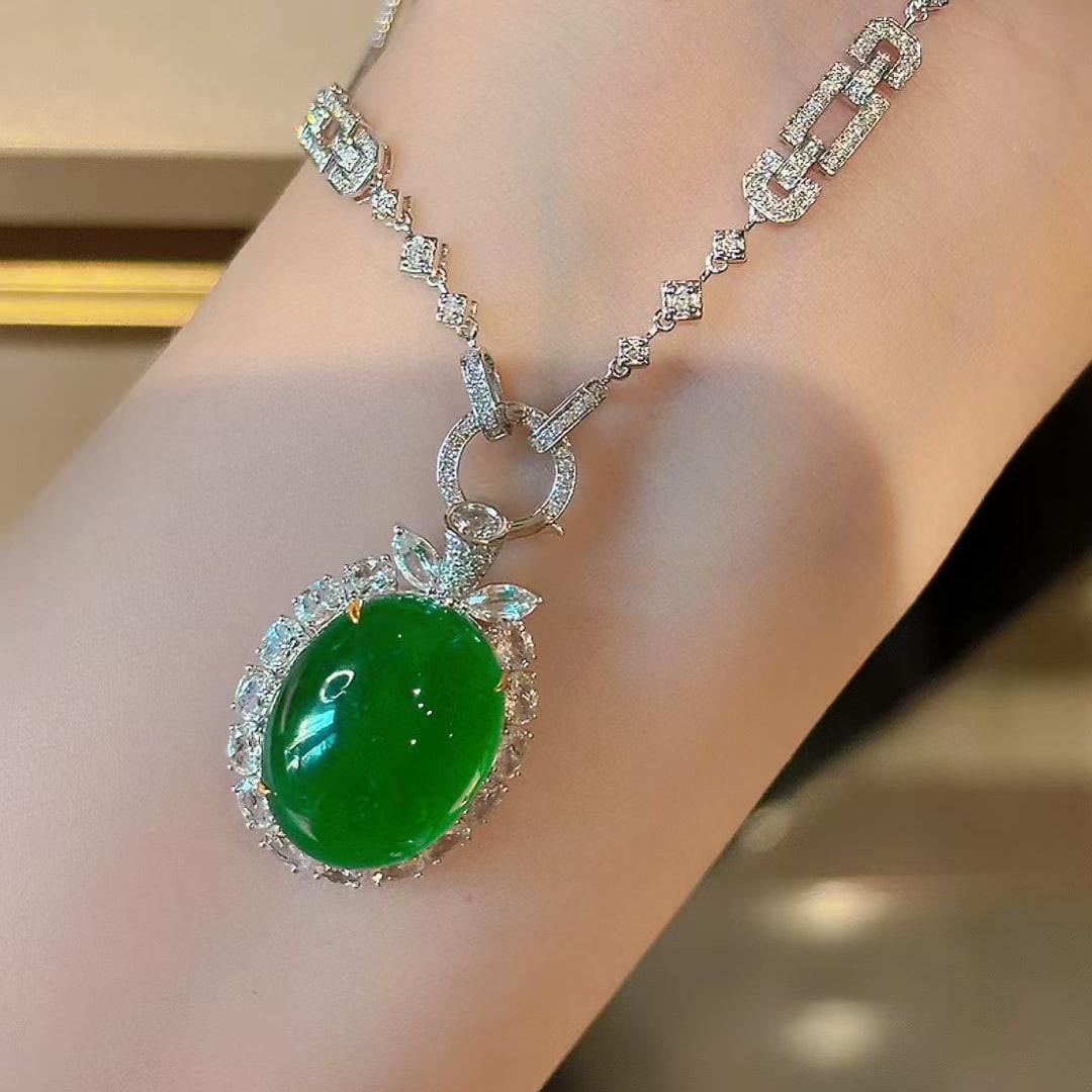 14k Gold 15.7 Ct Vivid Green Natural Emerald & Sapphire & Diamond Pendant( Without Chain ) - 3