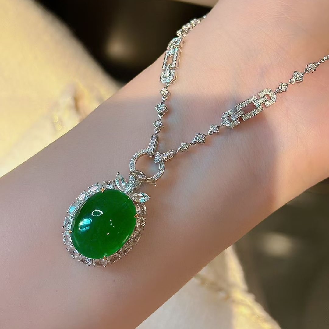 14k Gold 15.7 Ct Vivid Green Natural Emerald & Sapphire & Diamond Pendant( Without Chain ) - 4