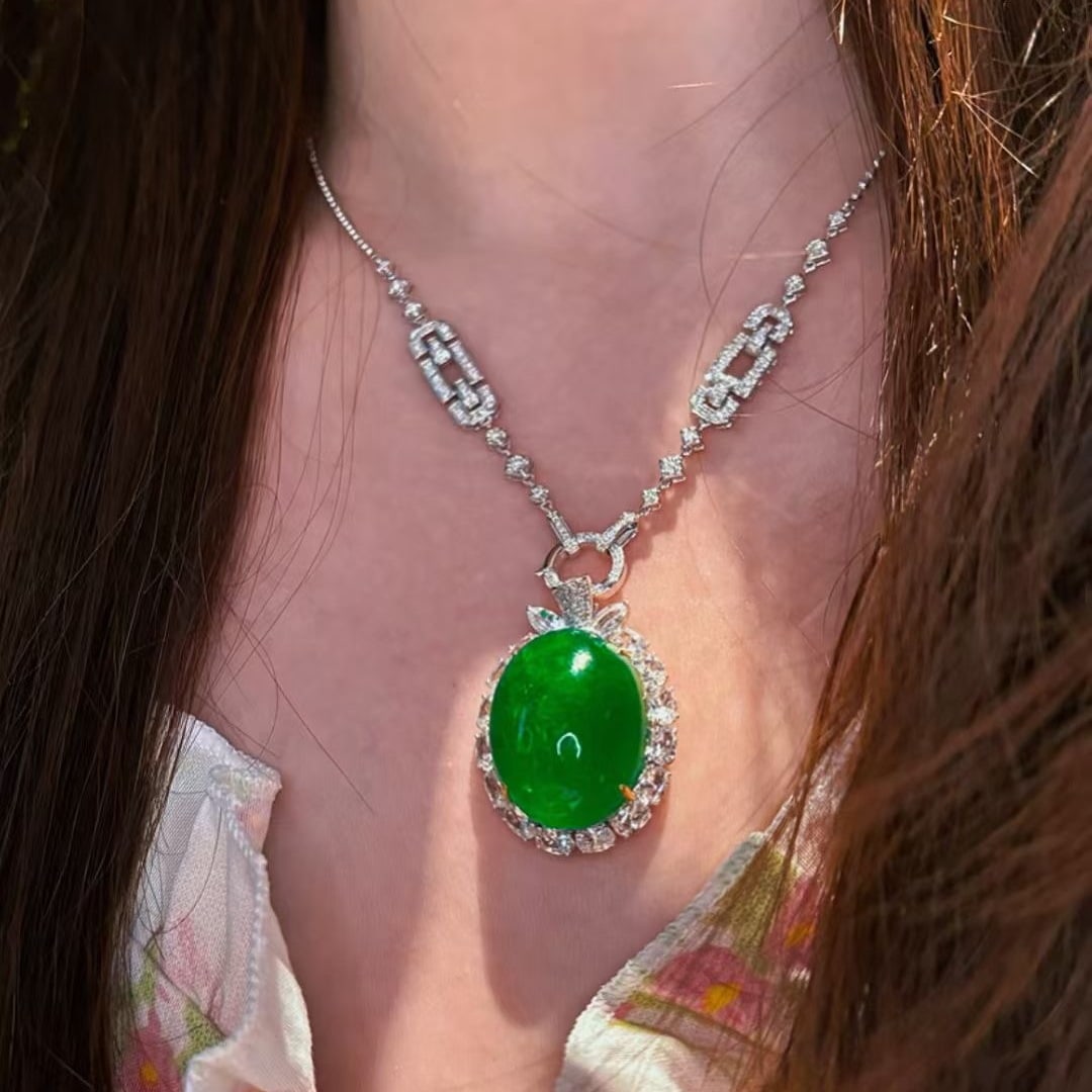 14k Gold 15.7 Ct Vivid Green Natural Emerald & Sapphire & Diamond Pendant( Without Chain ) - 6