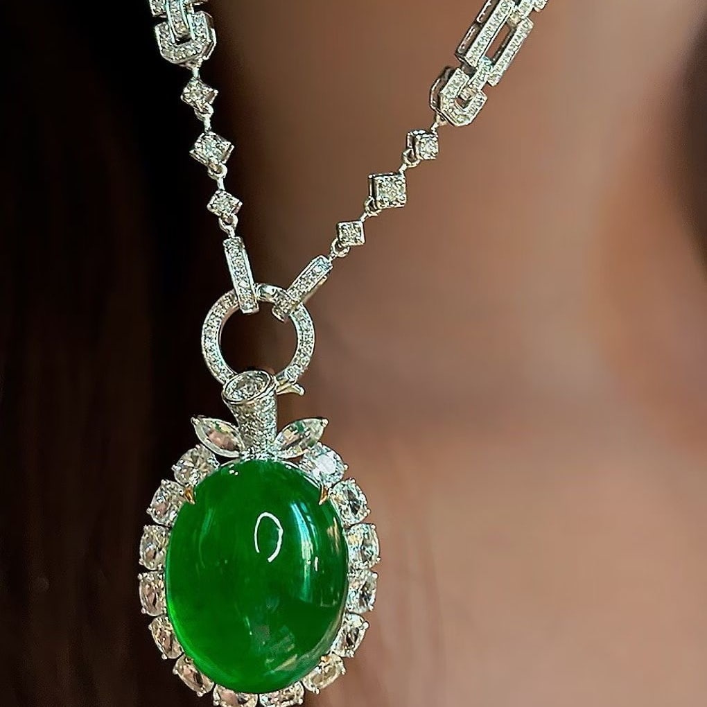 14k Gold 15.7 Ct Vivid Green Natural Emerald & Sapphire & Diamond Pendant( Without Chain ) - 7