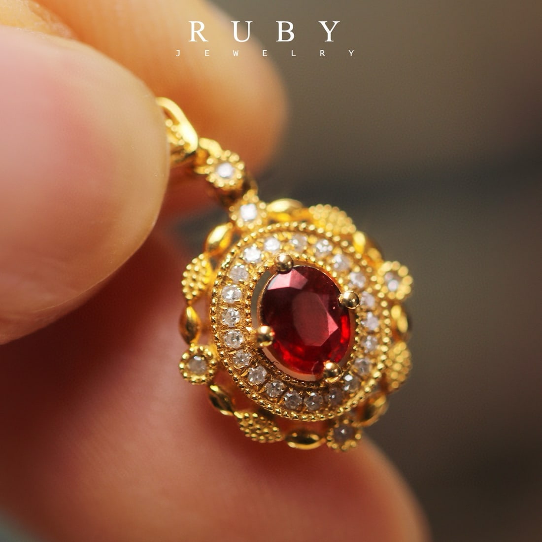 14k Gold 0.5 Ct Natural Ruby & Diamond Pendant( Without Chain ): Ref:231040217 // gold content:14k gold // main gemstone:ruby // shape:oval // carat weight:0. 5ct // color:red // treatment:natural // // adjacent gemstone 2 : diamond // number of stones:28 //