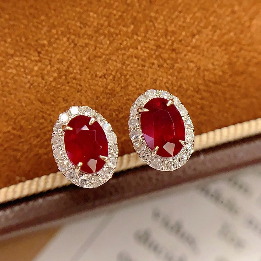 14k Gold 2 Ct Vivid Red Natural Ruby & Diamond Earrings - 2