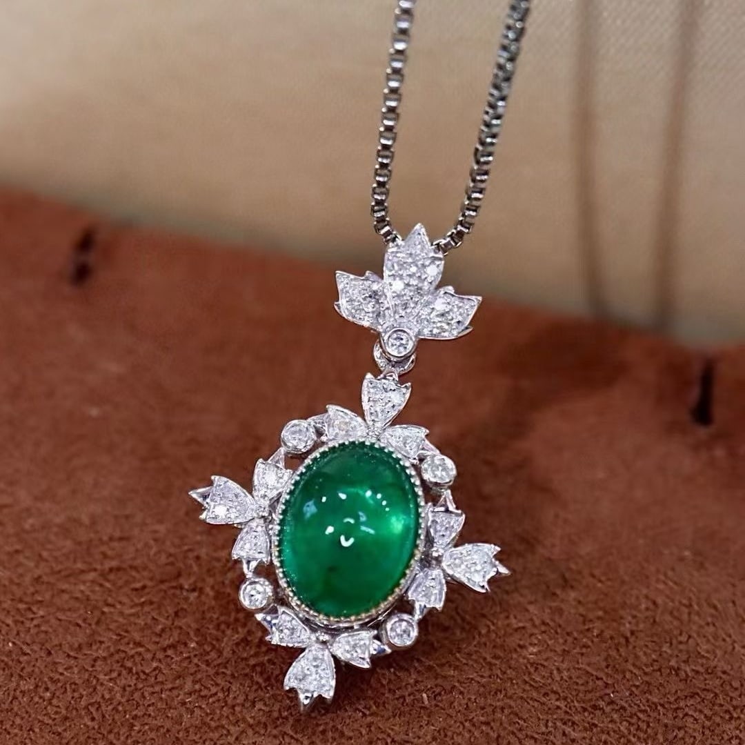 14k Gold 1.91 Ctw Vivid Green Natural Emerald & Diamond Pendant( Without Chain ) - 2