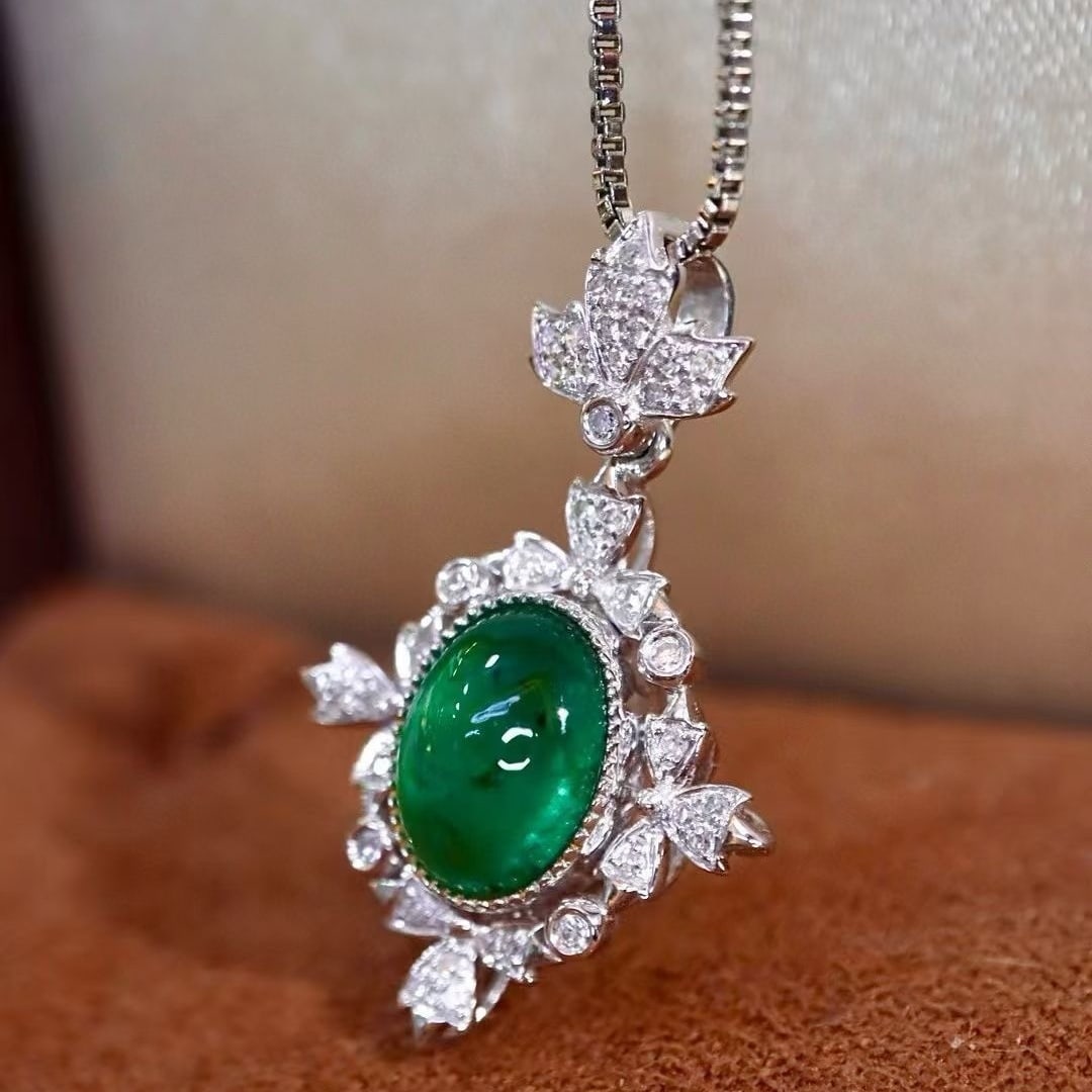 14k Gold 1.91 Ctw Vivid Green Natural Emerald & Diamond Pendant( Without Chain ) - 4
