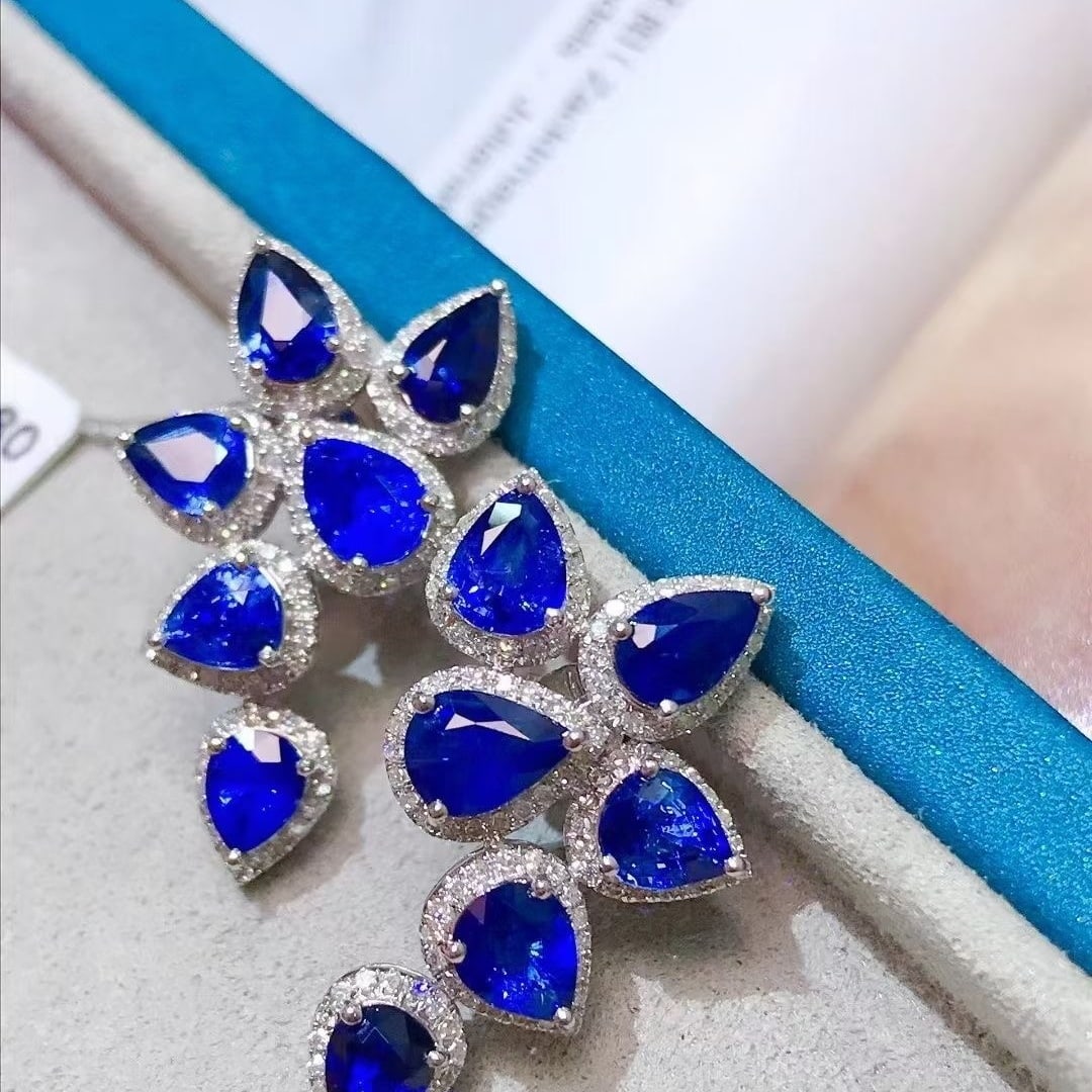 14k Gold 6.37 Ctw Vivid Blue Natural Sapphire & Diamond Earrings - 2