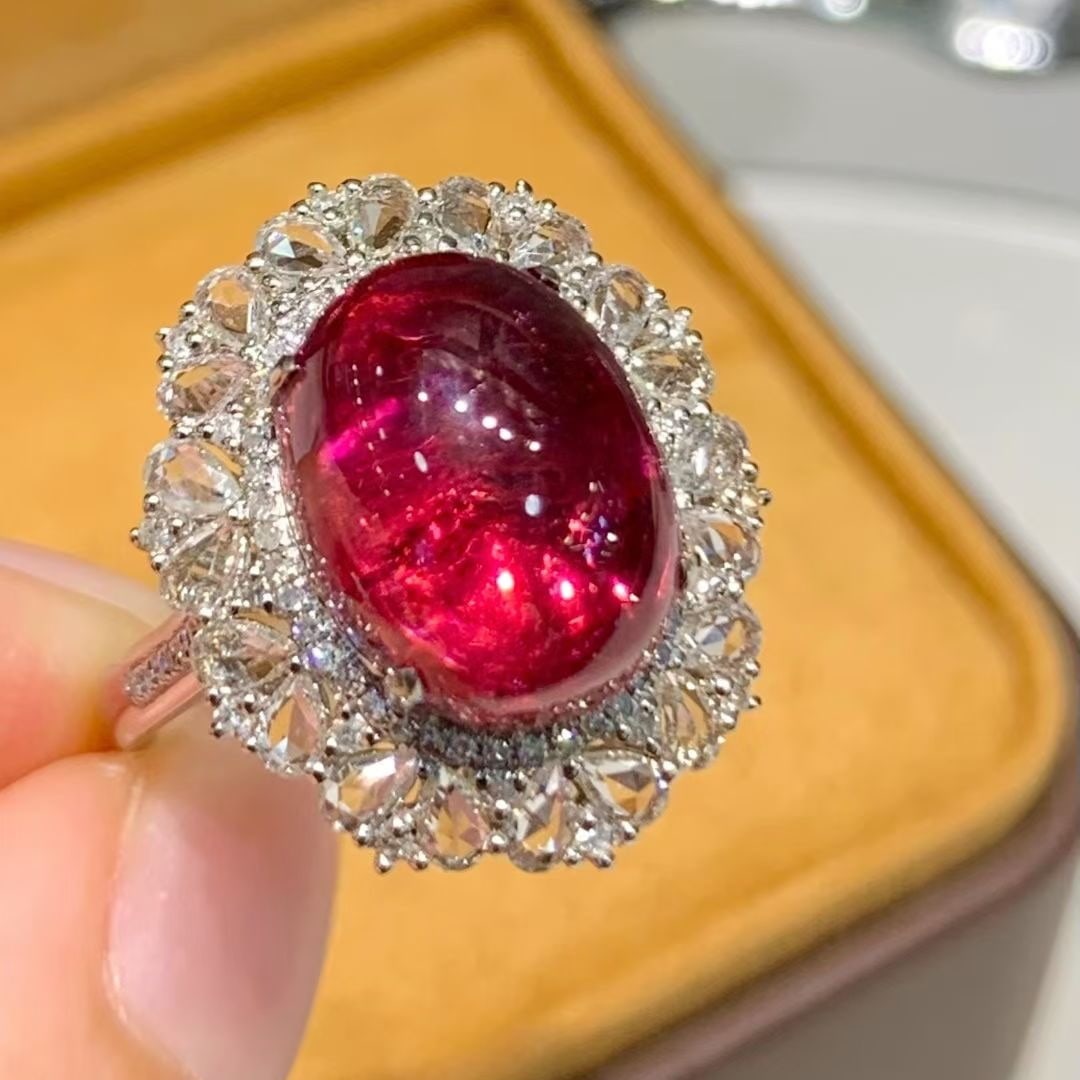 14k Gold 7.5 Ct Natural Tourmaline & Diamond & Sapphire Ring: Ref:231040252 // gold content:14k gold // ring size:7. 25us // // main gemstone:tourmaline // shape:oval // carat weight:7. 5ct // color:red // treatment:natural // // adjacent gemstone 2 : diamond