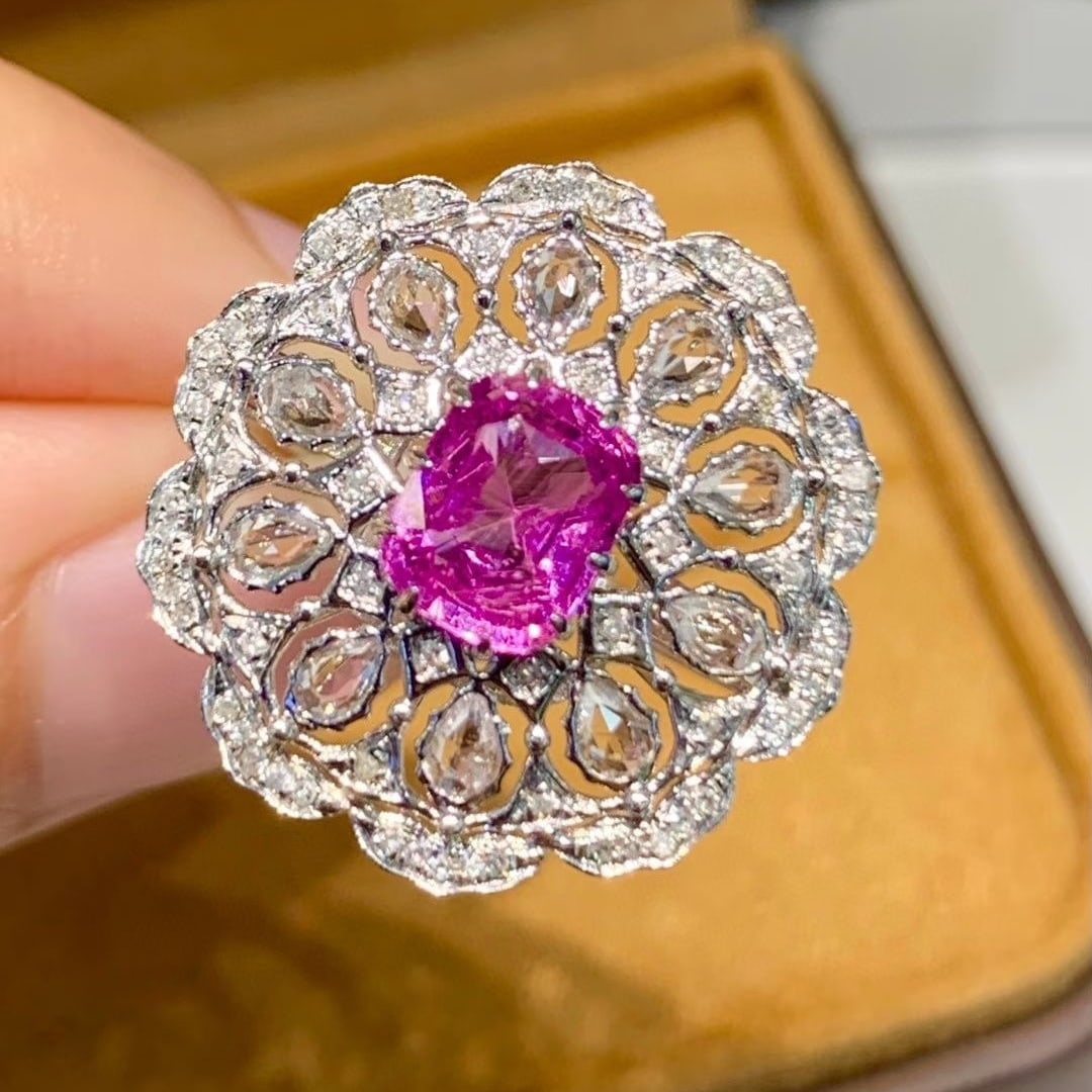 14k Gold 1.85 Ct Natural Sapphire & Diamond & Sapphire Ring - 2