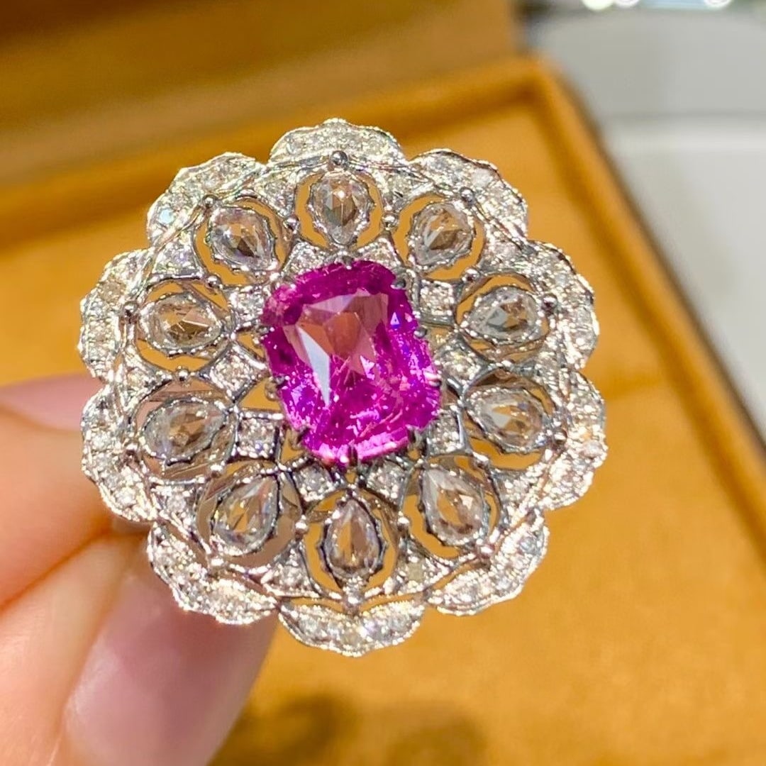 14k Gold 1.85 Ct Natural Sapphire & Diamond & Sapphire Ring - 6