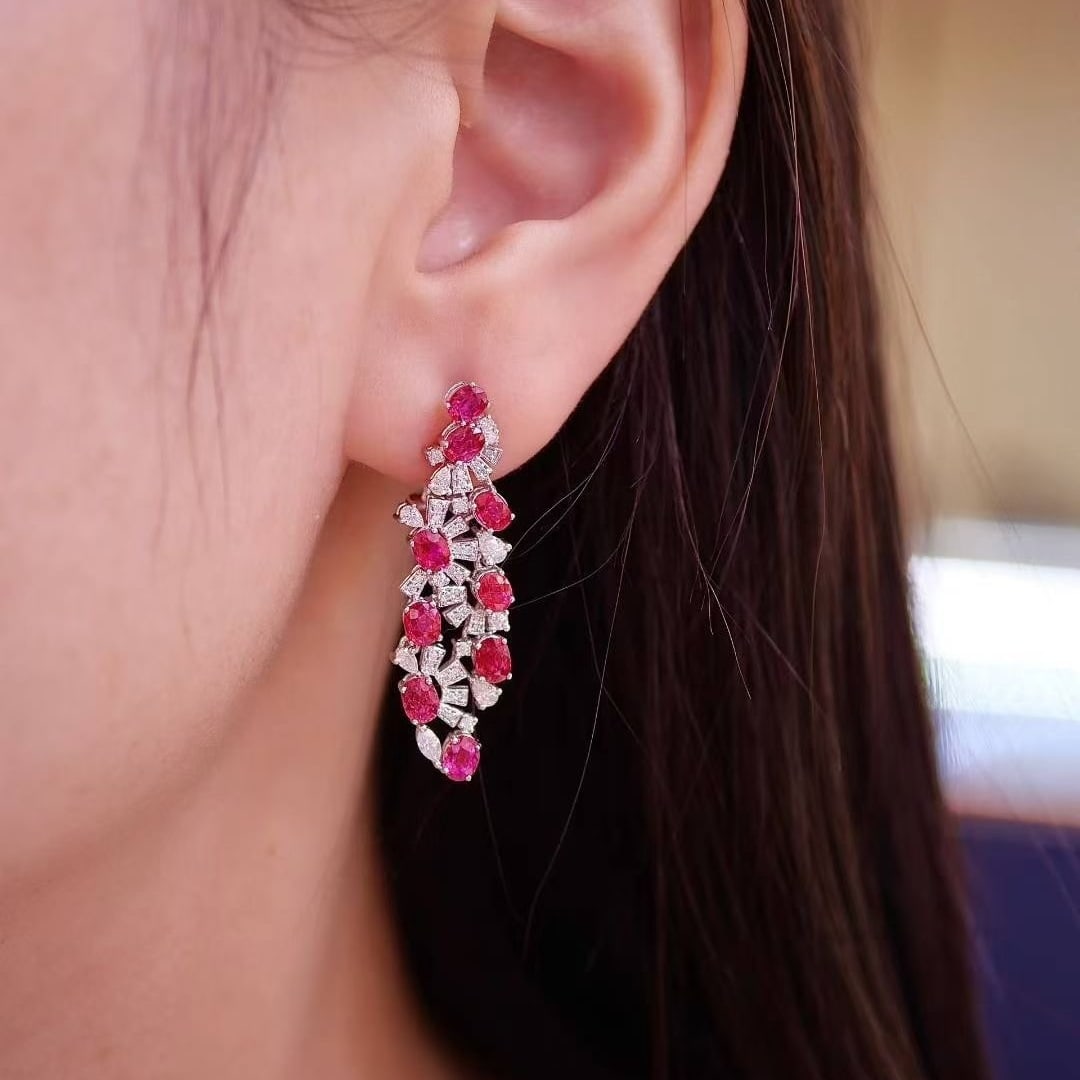 14k Gold 5.5 Ctw Natural Ruby & Diamond Earrings - 4