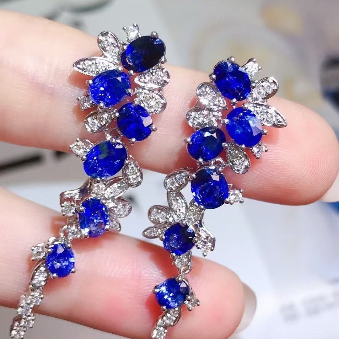 14k Gold 6.52 Ctw Natural Sapphire & Diamond Earrings - 3