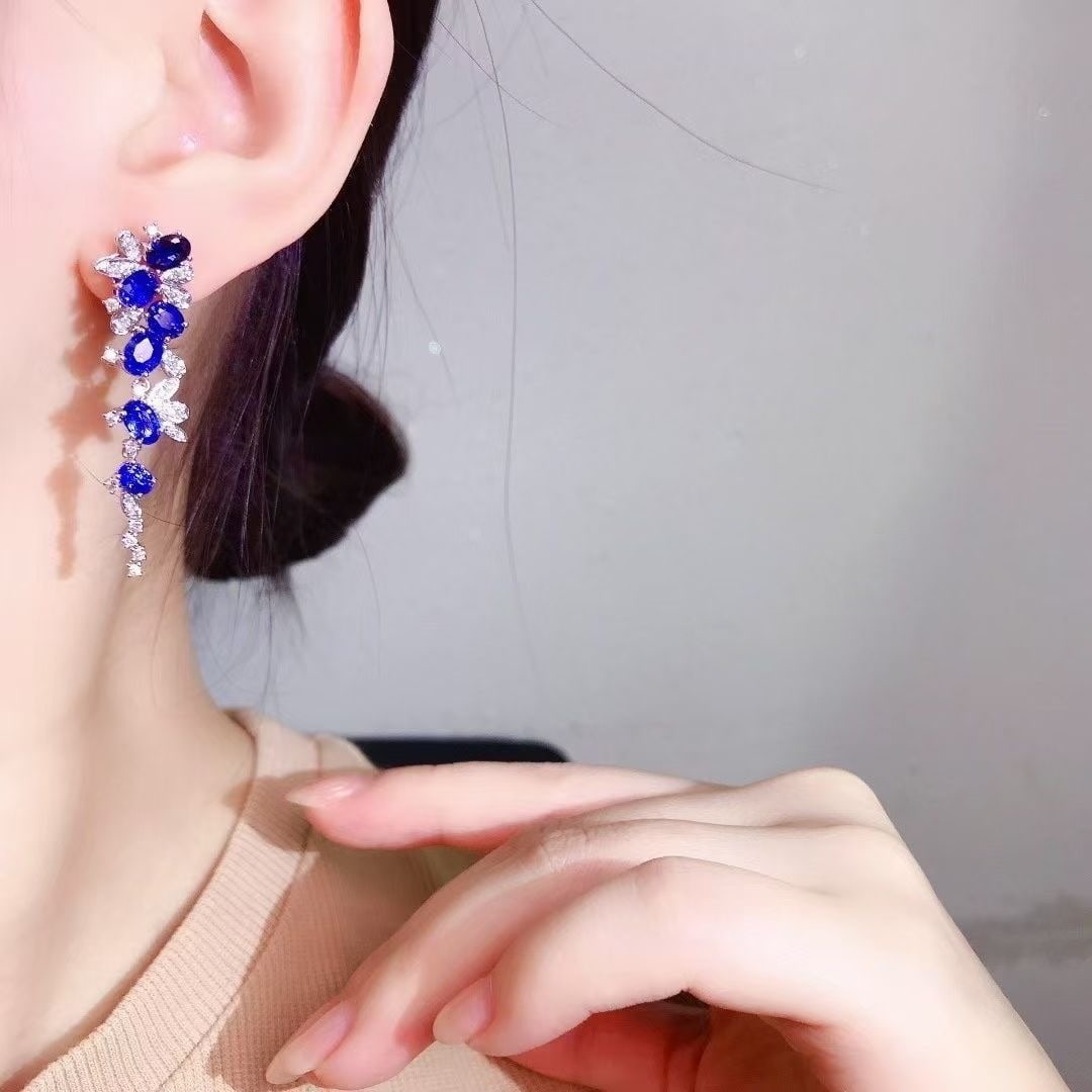 14k Gold 6.52 Ctw Natural Sapphire & Diamond Earrings - 4