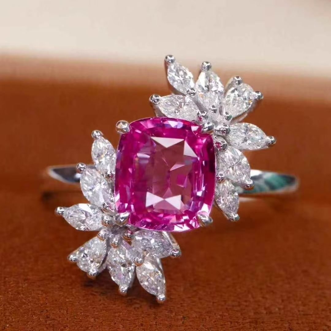 14k Gold 1.93 Ctw Natural Sapphire & Diamond Ring: Ref:231040317 // gold content:14k gold // ring size:7. 25us // // main gemstone:sapphire // shape:cushion // carat weight:1. 45ct // color:pink // treatment:natural // // adjacent gemstone 2 : diamond