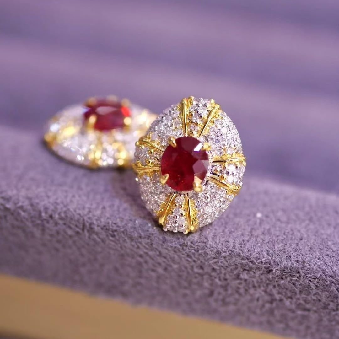 14k Gold 1 Ct Natural Ruby & Diamond Earrings - 2