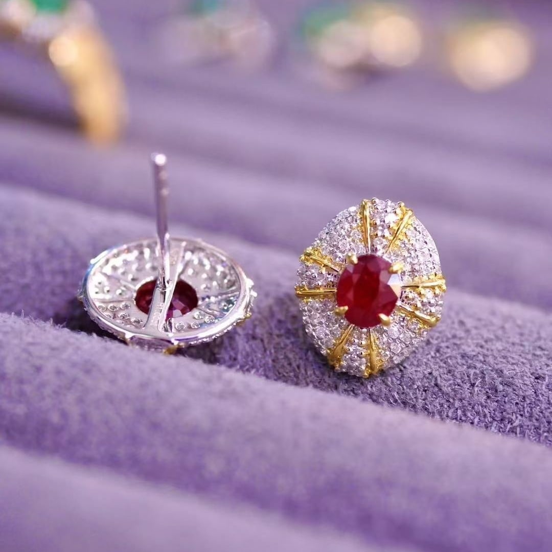14k Gold 1 Ct Natural Ruby & Diamond Earrings - 3