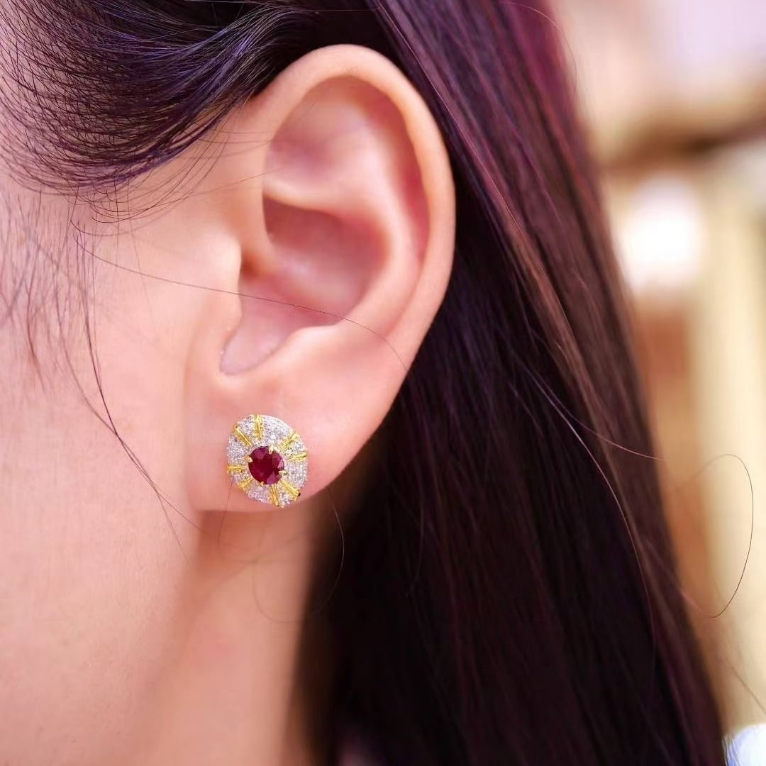 14k Gold 1 Ct Natural Ruby & Diamond Earrings - 4