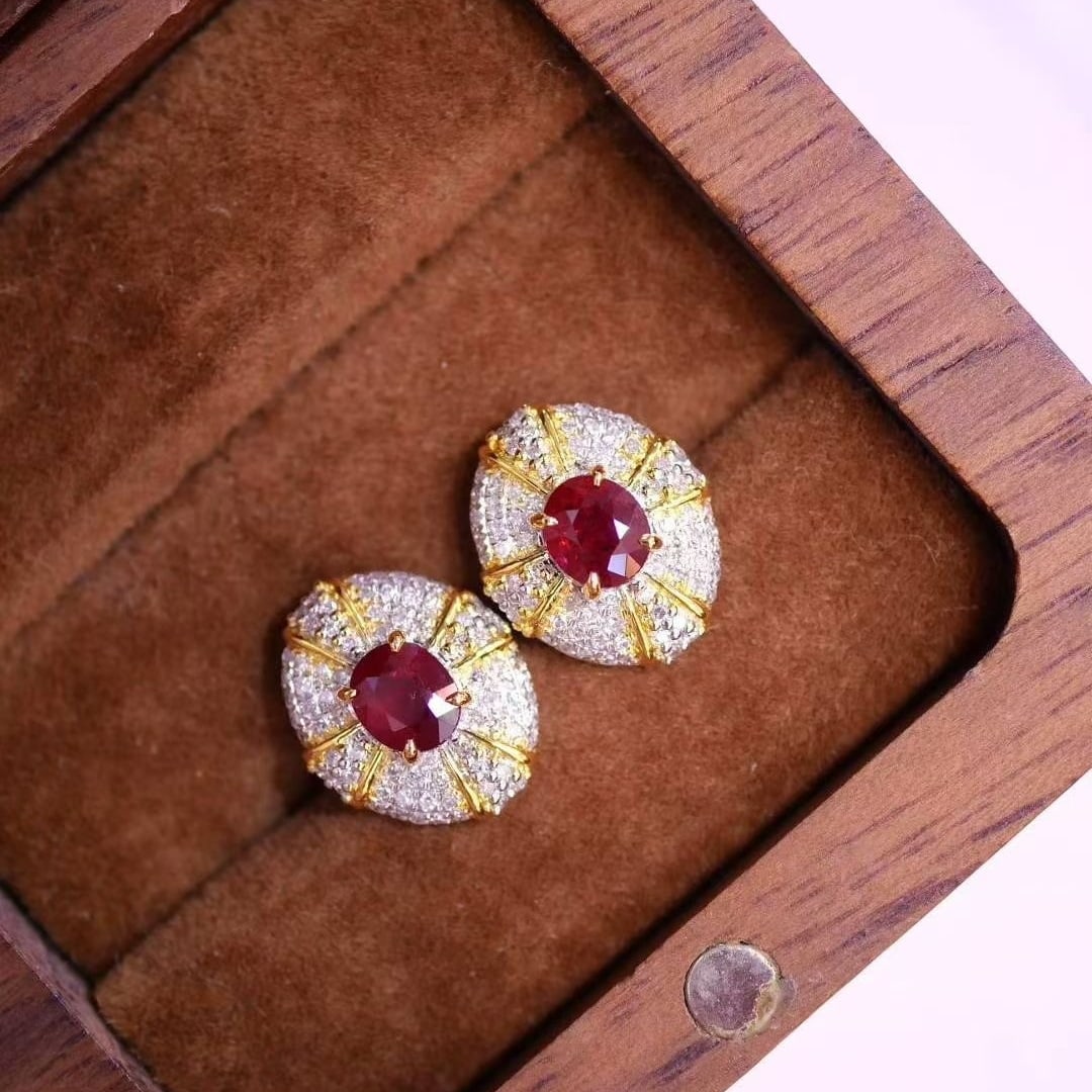 14k Gold 1 Ct Natural Ruby & Diamond Earrings - 5
