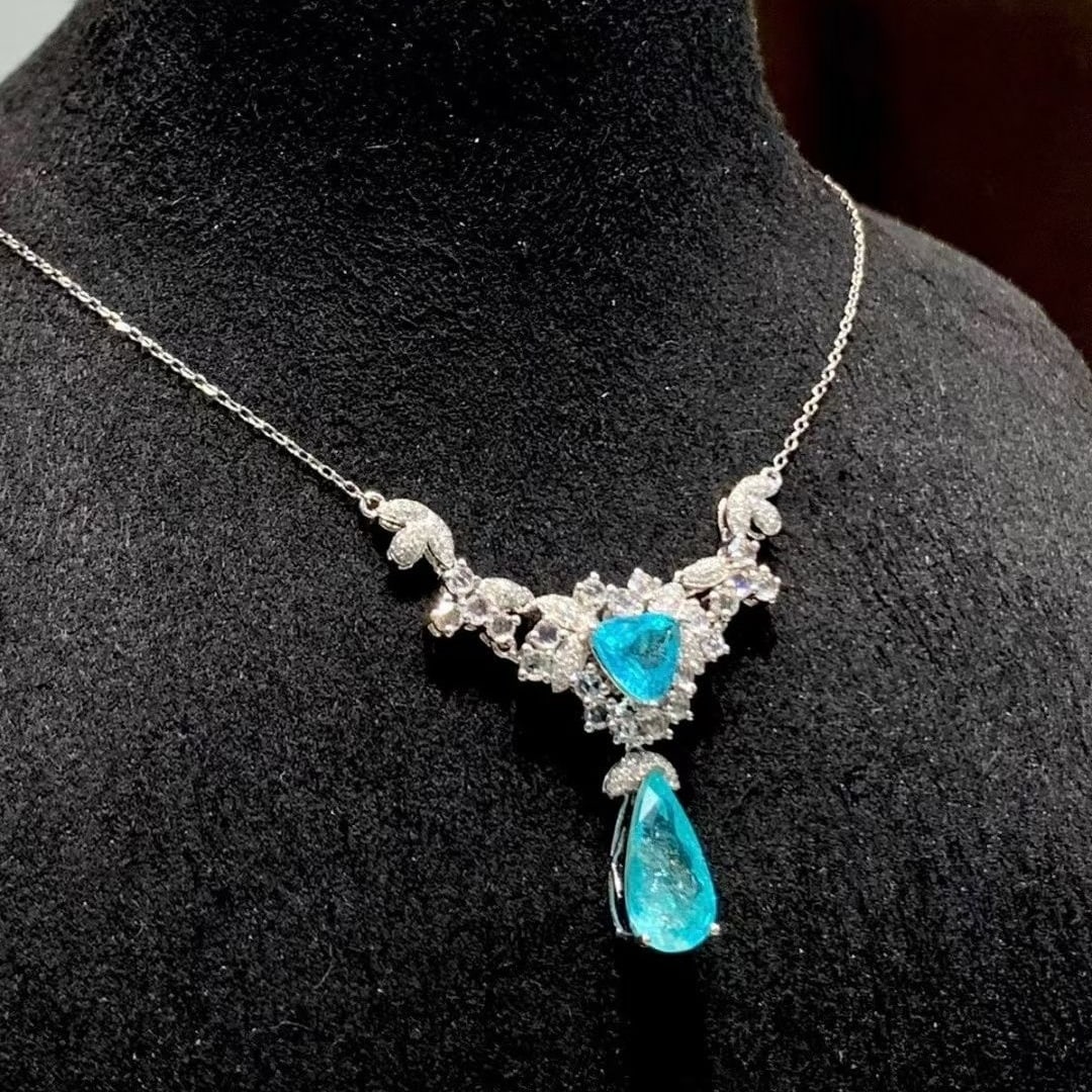 14k Gold 2.6 Ct Natural Paraiba Tourmaline & Diamond & Sapphire Necklace - 2