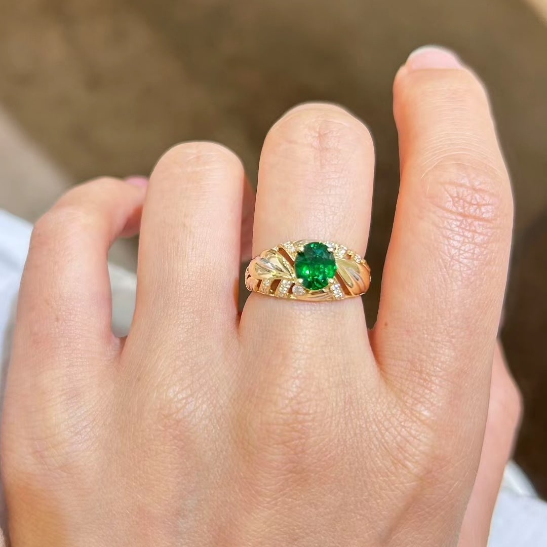 14k Gold 1.93 Ctw Vivid Green Natural Tsavorite & Diamond Ring - 6
