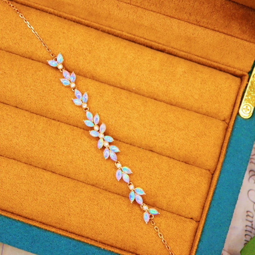 14k Gold 2.30 Ctw Natural Opal & Diamond Bracelet - 6