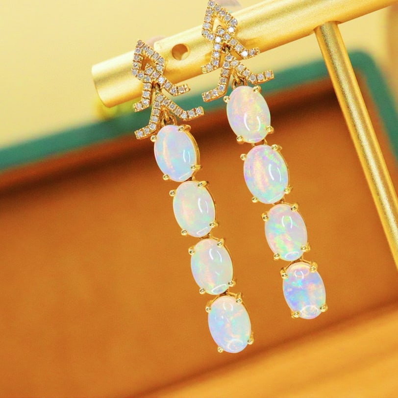 14k Gold 3.23 Ctw Natural Opal & Diamond Earrings - 2