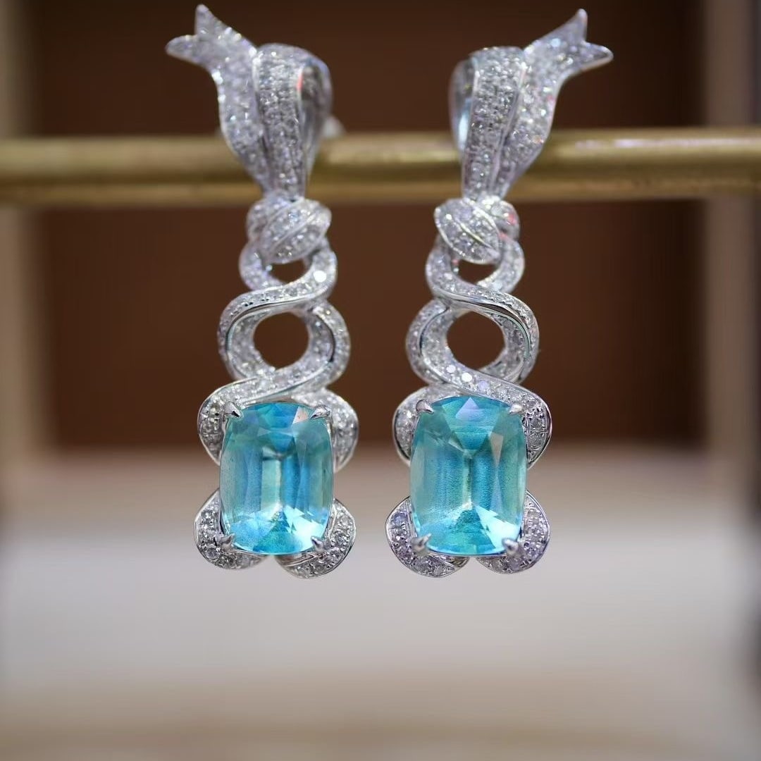 14k Gold 3.47 Ct Natural Paraiba Tourmaline & Diamond Earrings - 2
