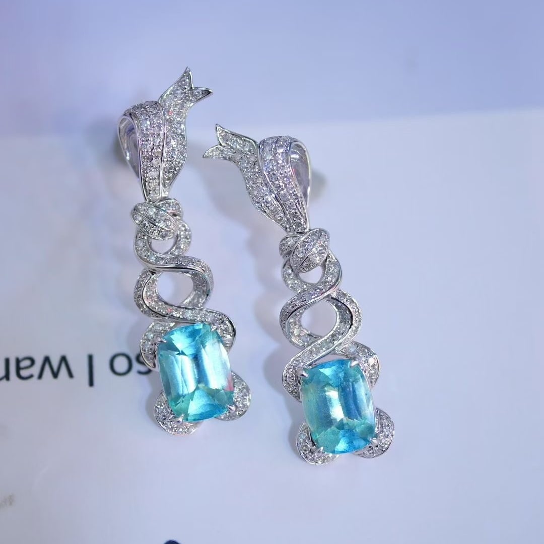 14k Gold 3.47 Ct Natural Paraiba Tourmaline & Diamond Earrings - 3