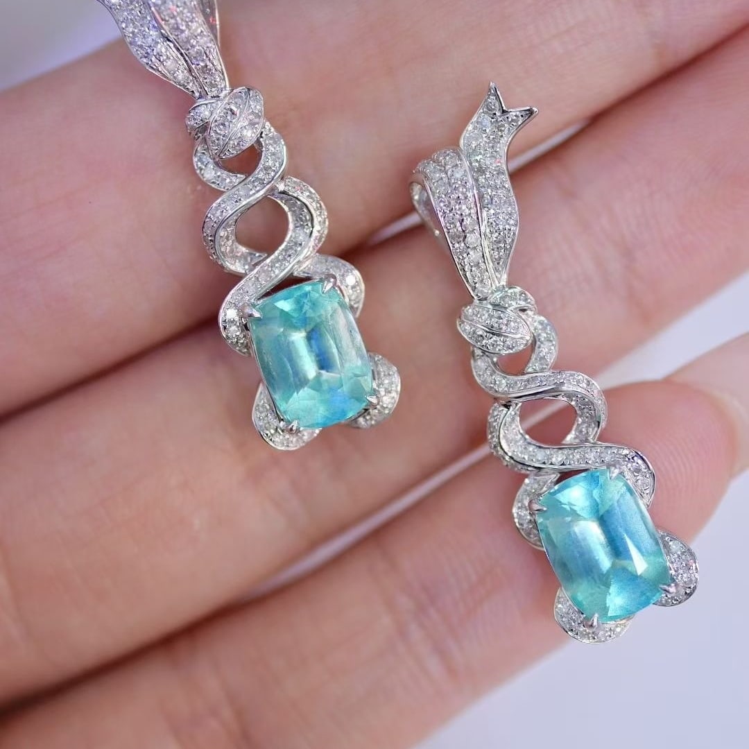 14k Gold 3.47 Ct Natural Paraiba Tourmaline & Diamond Earrings - 4