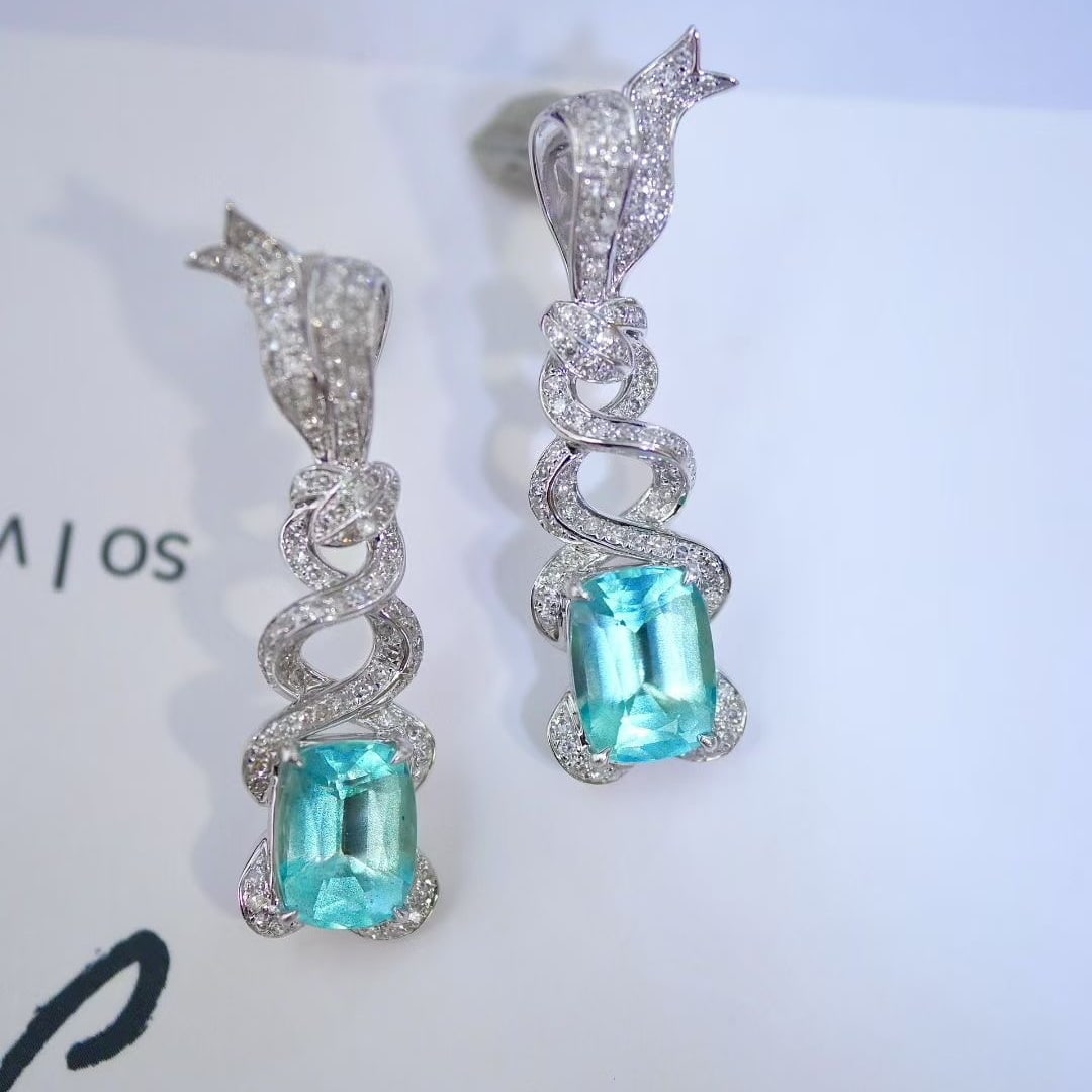 14k Gold 3.47 Ct Natural Paraiba Tourmaline & Diamond Earrings - 5