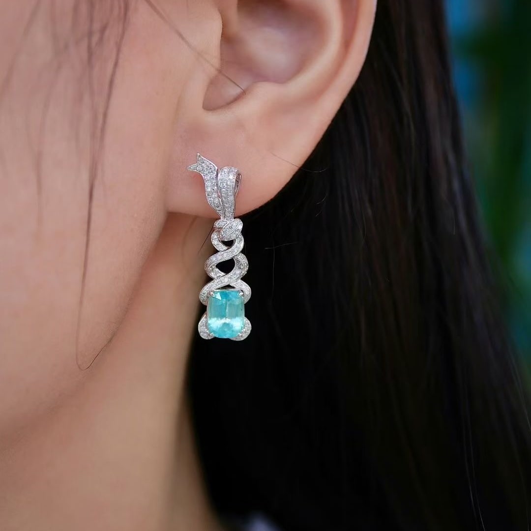 14k Gold 3.47 Ct Natural Paraiba Tourmaline & Diamond Earrings - 6