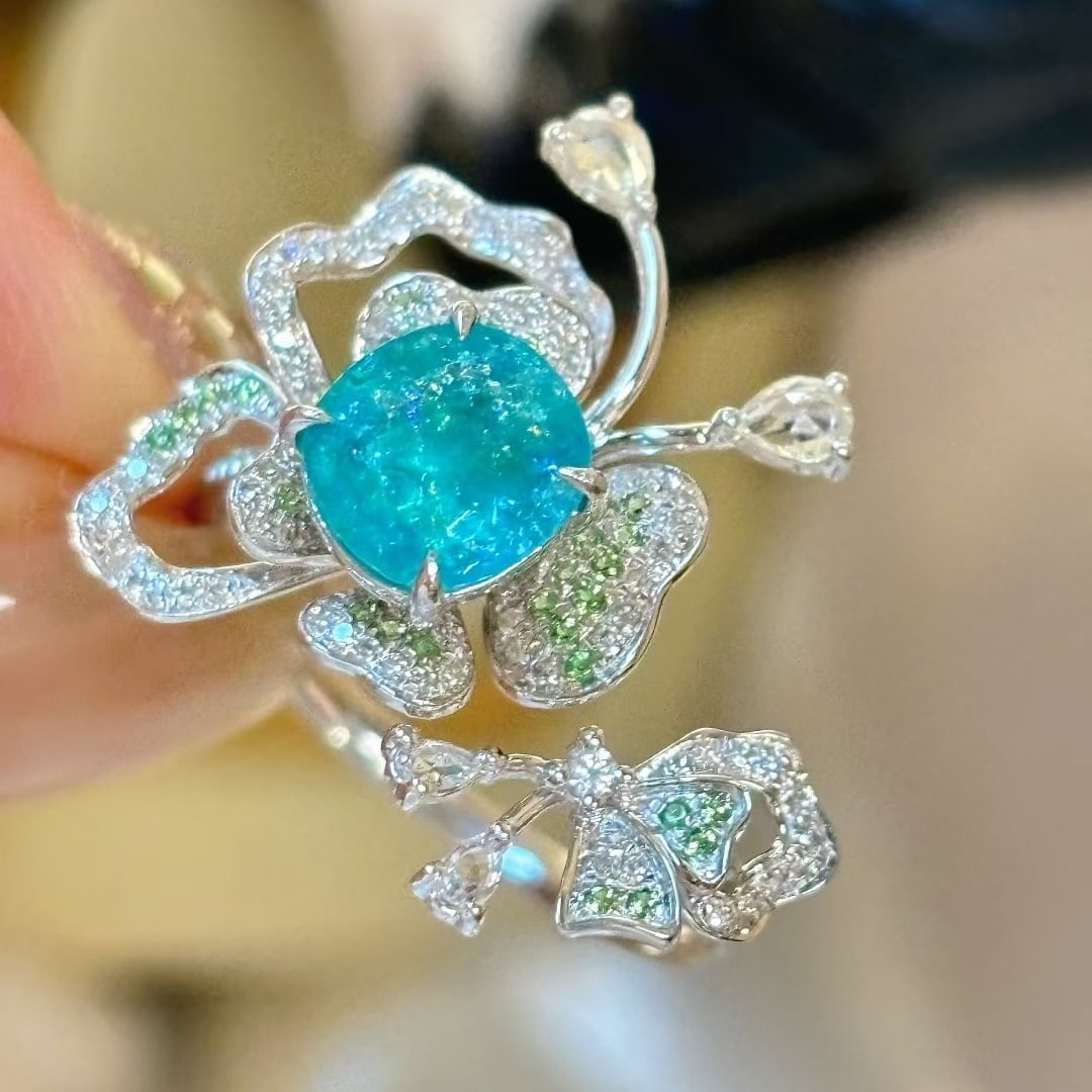 14k Gold 1.38 Ct Natural Paraiba Tourmaline & Diamond & Sapphire & Tsavorite Ring - 2