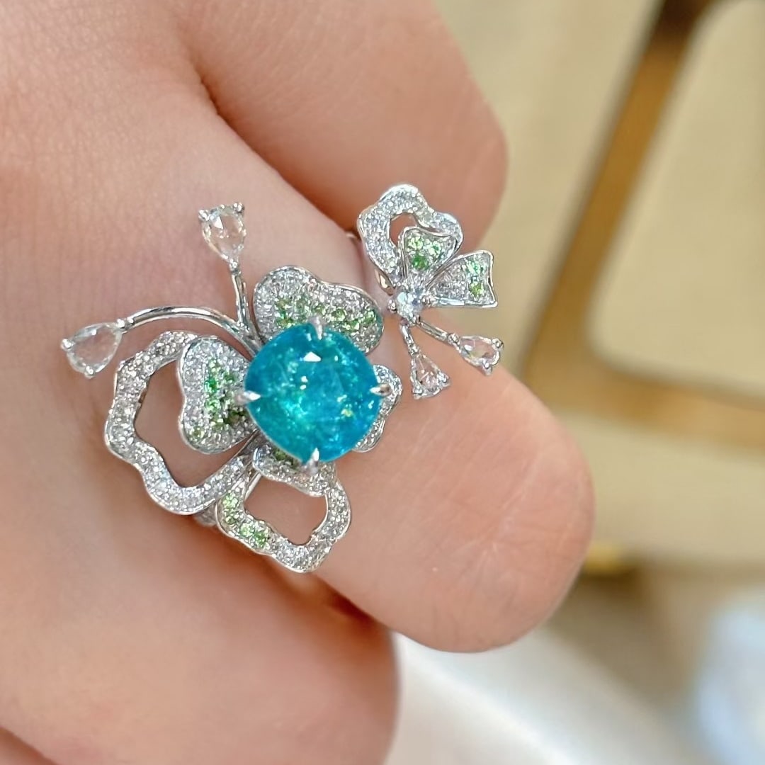 14k Gold 1.38 Ct Natural Paraiba Tourmaline & Diamond & Sapphire & Tsavorite Ring - 3