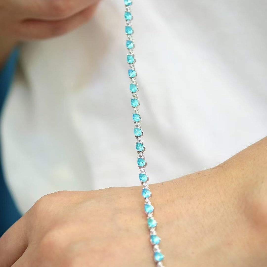14k Gold 4.05 Ct Natural Paraiba Tourmaline & Diamond Bracelet - 6