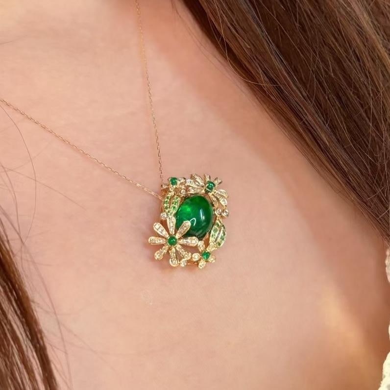14k Gold 3.49 Ct Vivid Green Natural Emerald & Diamond Pendant( Without Chain ) - 2