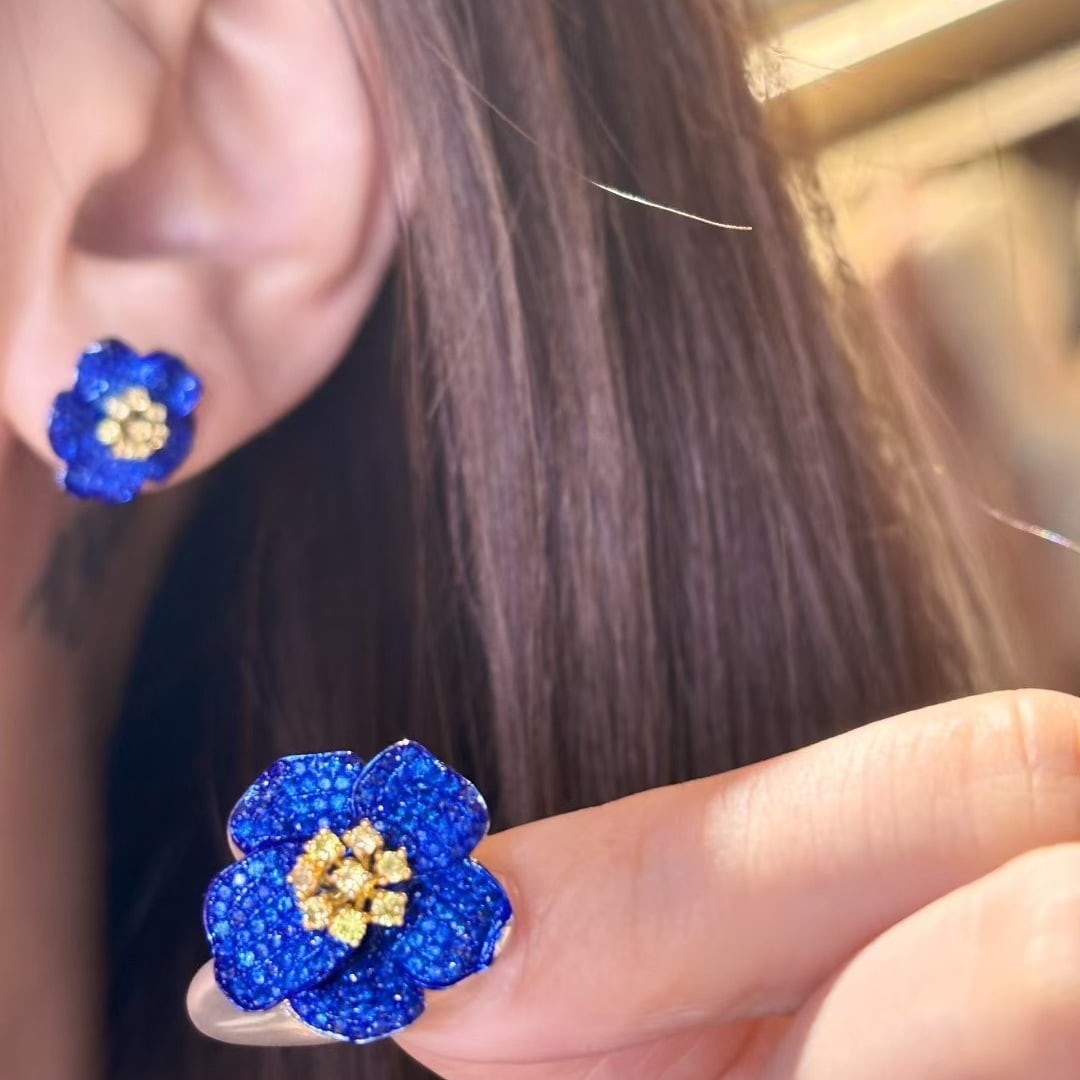 14k Gold 2.5 Ctw Natural Sapphire & Sapphire & Flowers Jewelry Set - 2