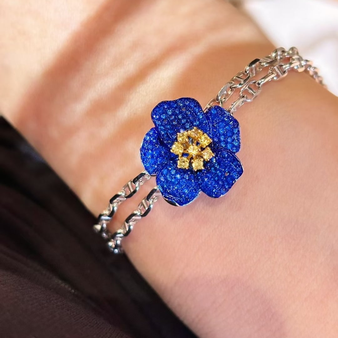 14k Gold 2.5 Ctw Natural Sapphire & Sapphire & Flowers Jewelry Set - 4