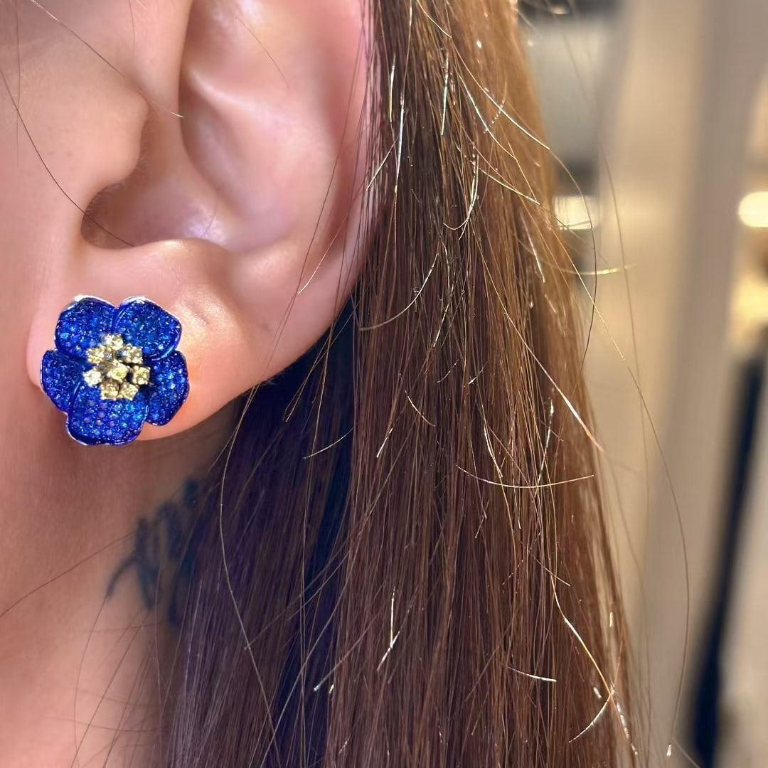 14k Gold 2.5 Ctw Natural Sapphire & Sapphire & Flowers Jewelry Set - 5