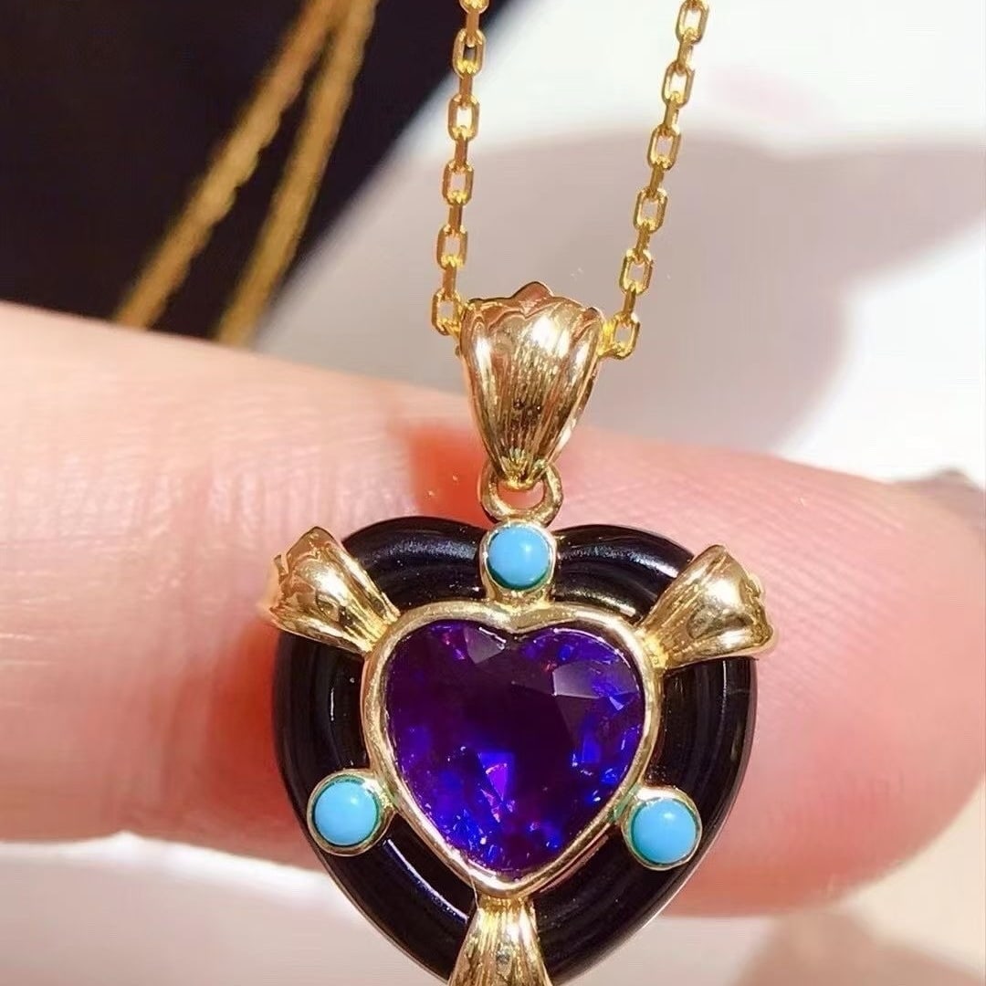 14k Gold 1.41 Ctw Natural Sapphire & Turquoise Pendant( Without Chain ): Ref:231040399 // gold content:14k gold // main gemstone:sapphire // shape:heart // carat weight:1. 06ct // color:purple // treatment:natural // // adjacent gemstone 2 : turquoise // shape:round //