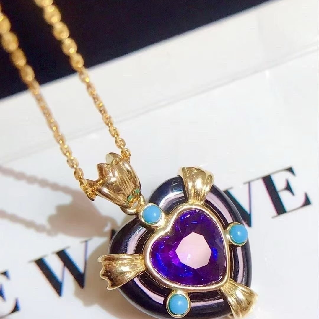 14k Gold 1.41 Ctw Natural Sapphire & Turquoise Pendant( Without Chain ) - 2