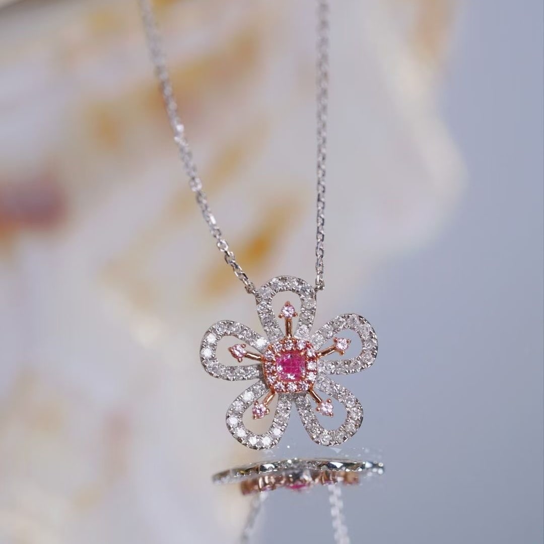 14k Gold 0.50 Ctw Natural Pink Diamond & Diamond & Flowers Necklace - 3
