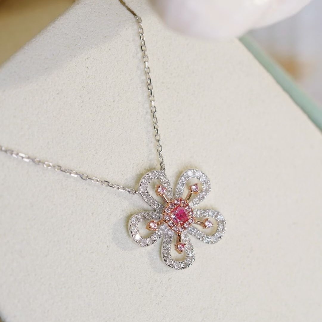 14k Gold 0.50 Ctw Natural Pink Diamond & Diamond & Flowers Necklace - 4