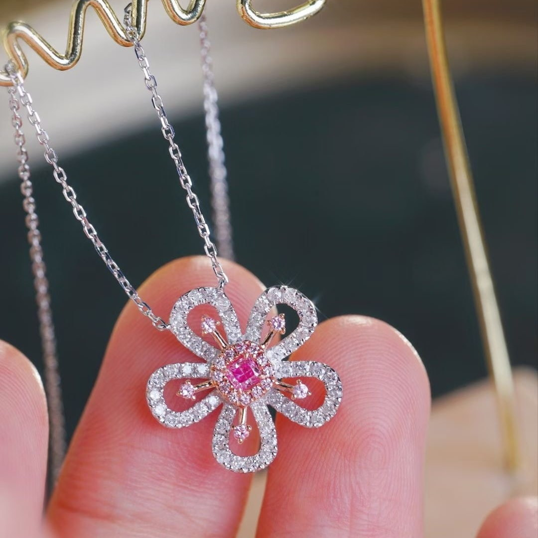14k Gold 0.50 Ctw Natural Pink Diamond & Diamond & Flowers Necklace - 6