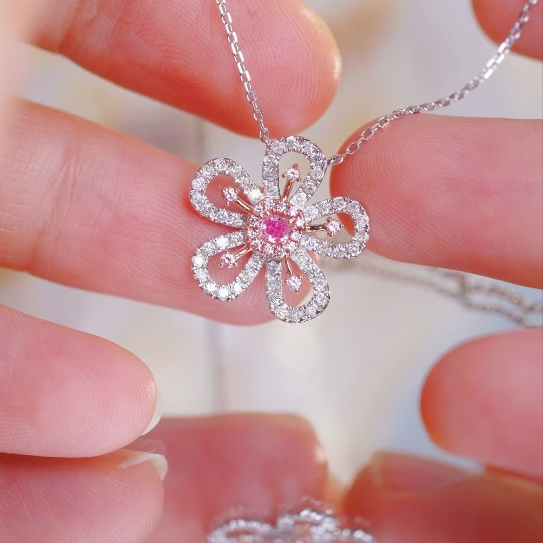14k Gold 0.50 Ctw Natural Pink Diamond & Diamond & Flowers Necklace - 7