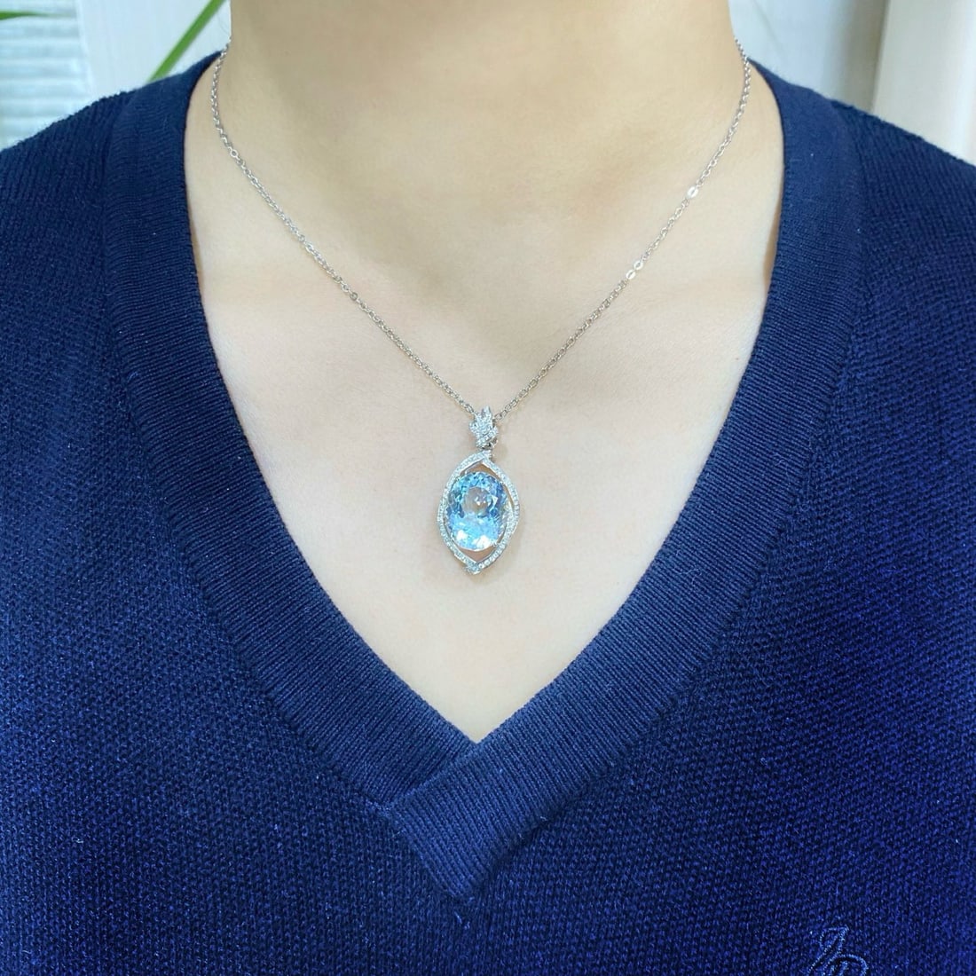 14k Gold 7.76 Ctw Natural Aquamarine & Diamond Pendant( Without Chain ) - 2