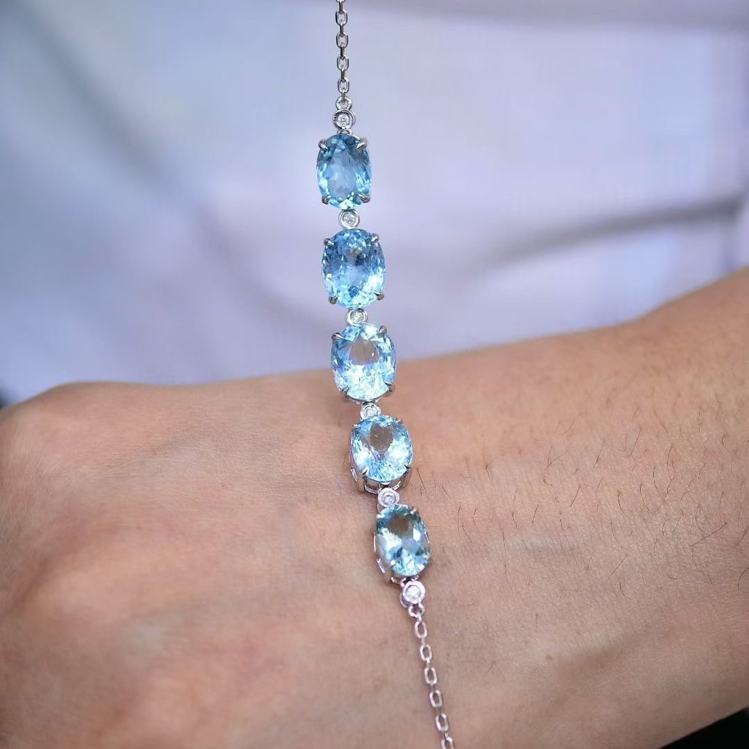 14k Gold 8.6 Ct Natural Aquamarine & Diamond Bracelet - 4